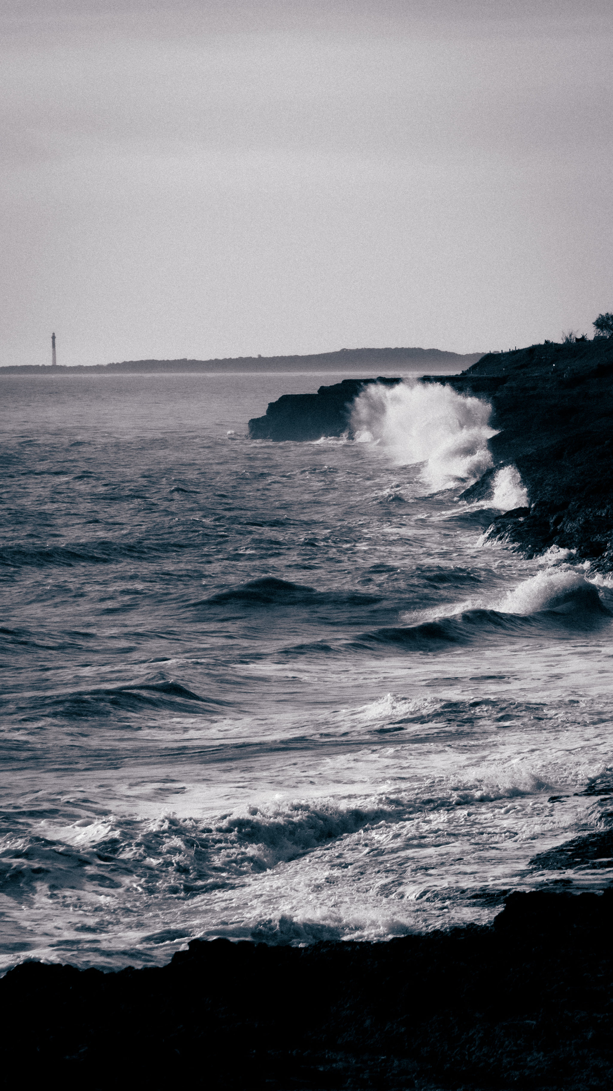 Waves breaking against a dark rocky coast beneath a pale sky.
