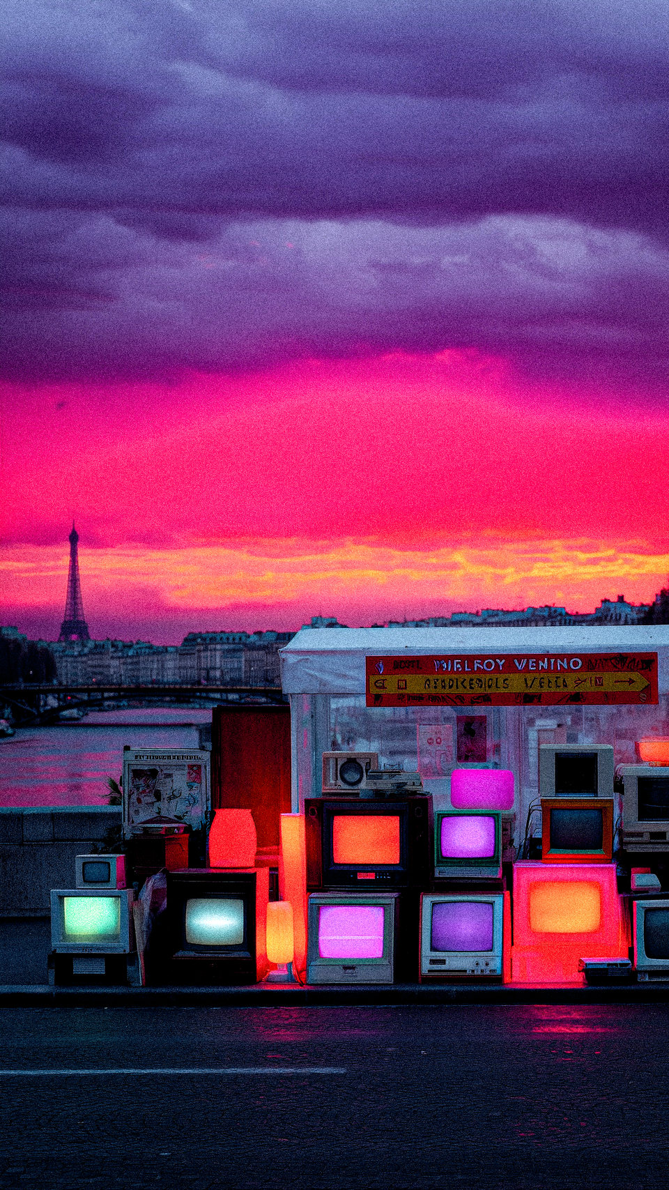 Rows of glowing television screens beneath a magenta Paris skyline.